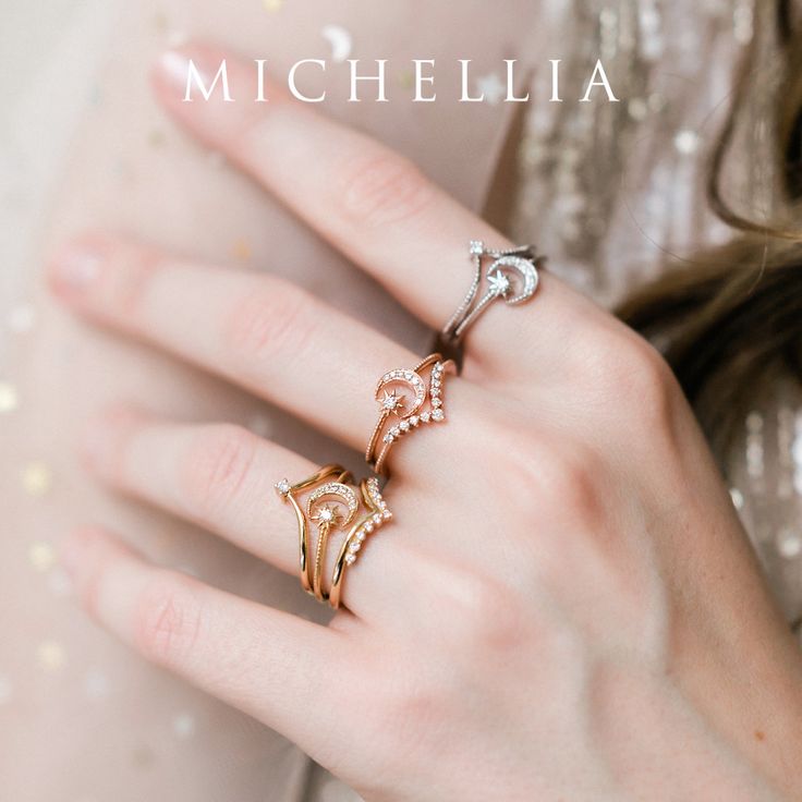 "Our current turnaround time for regular orders is 6-8 weeks. For urgent orders, please shop our Ready-to-Ship collection below (7-10 business days): https://michellia.com/collections/ready-to-ship (please copy and paste into browser) -------- 「Divina」- Diamond Moon and Star Ring | R3006 It's been almost half a century since we realized the dream to put a person on the moon. No one knew if it was possible, but every single effort was put forth to make it happen. Our exquisite \"Divina\" set was Elegant 14k Gold Moon Shaped Ring, Celestial Rose Gold Jewelry With Rose Cut Diamonds, 14k Gold Moon Phase Rings, Elegant 14k Gold Moon Phase Ring, Luxury Moon-shaped Wedding Jewelry, Rose Gold Diamond Moon Jewelry, Rose Gold Diamond Jewelry In Moon Shape, Rose Gold Diamond Moon-shaped Jewelry, Rose Gold Moon-shaped Diamond Jewelry