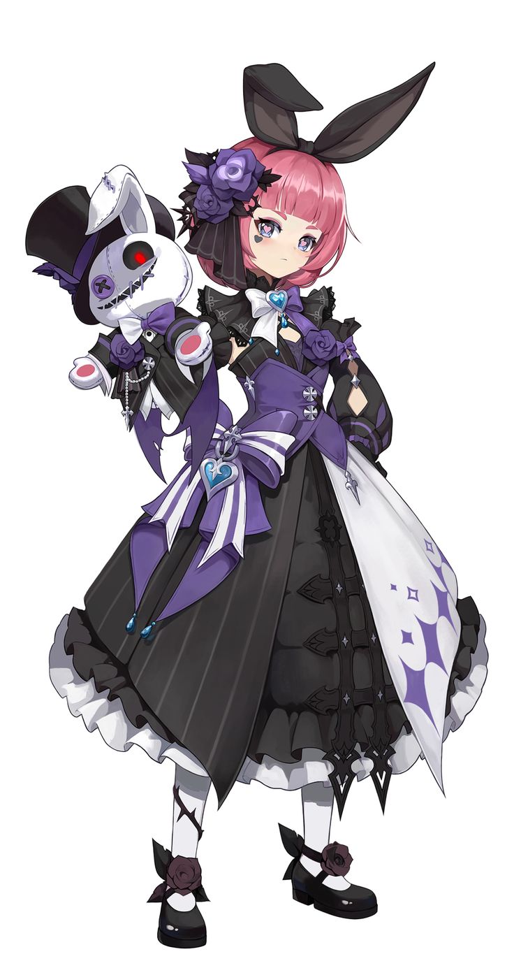 an anime character dressed in black and purple with bunny ears, holding a white rabbit