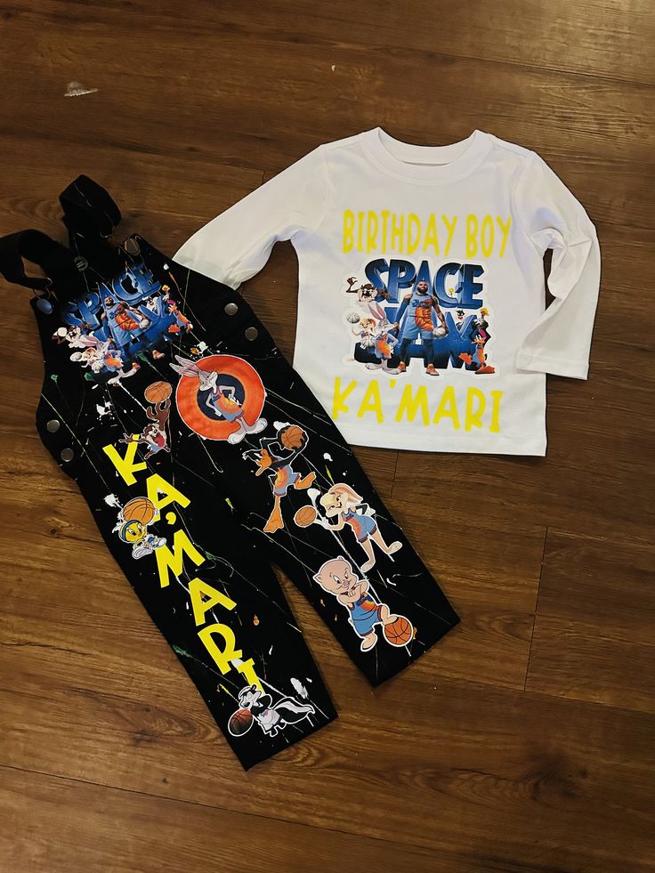 Outfits can be personalized to the way you want. Please add your child name and age. Outfit includes Short sleeve shirts if you want long sleeve please include that in personalized Playful Long Sleeve Customizable Tops, Space Jam Outfit, Space Jams, Kid Birthday Outfits, Baby Boy Themes, Overalls Outfit, Birthday Outfits, Haircut For Older Women, Space Jam