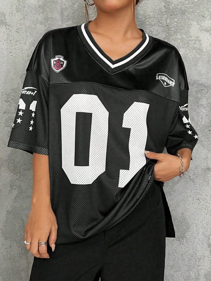 Plus Size Women's Summer To Early Fall Casual Sports-Inspired T-Shirt With Lucky Number 01, California Letter Print, Satin & Mesh Fabric, V-Neck, Drop Shoulder, Relaxed Fit, Long Length, Baseball Jerseys Black Casual  Half Sleeve Knitted Fabric Colorblock,Letter,Striped  Medium Stretch  Women Plus Clothing, size features are:Bust: ,Length: ,Sleeve Length: T-shirt Large, Oversize Tshirt Outfits, Plus Size Summer Casual, Baseball Outfit, Nfl Shirts, Oversize Women, Sports T Shirt, Trendy Fall Outfits, Hooded Sweatshirt Men