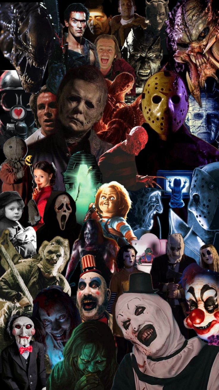 a collage of horror movie characters with masks on their faces and in the background