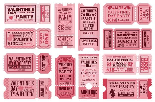 pink valentine's day party tickets with hearts on the front and back, all in different