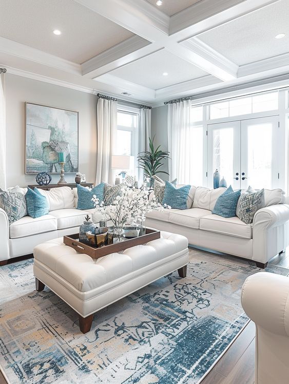 a living room filled with white furniture and lots of blue pillows on top of it