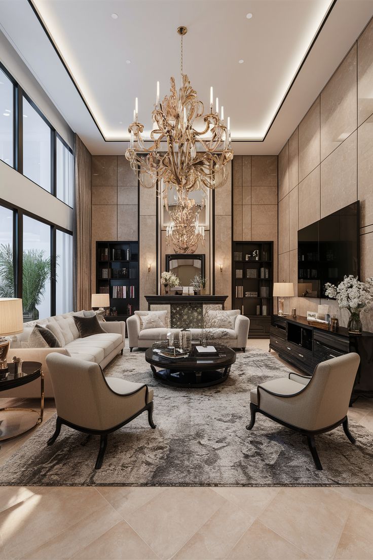 a living room filled with lots of furniture and a chandelier hanging from the ceiling