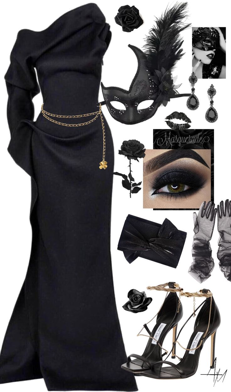 a black dress and accessories are featured in this image