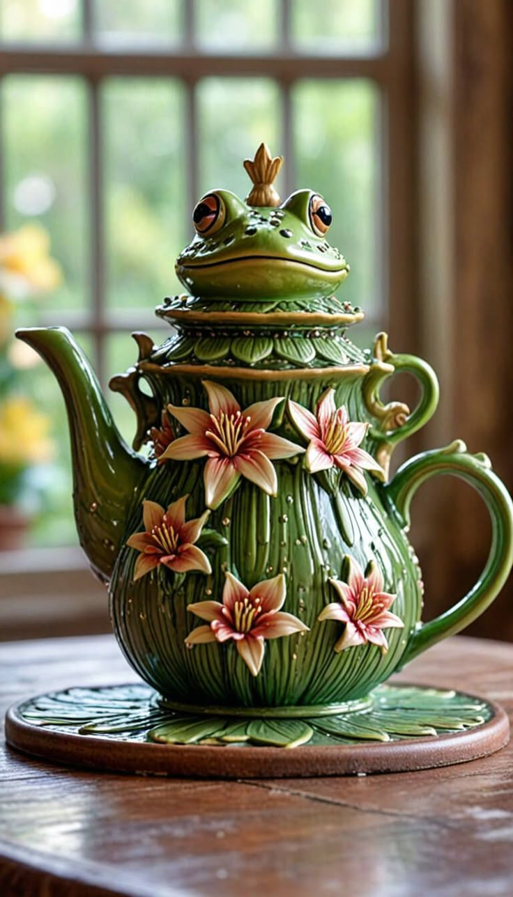 a green teapot with flowers painted on the outside and inside sitting on a wooden table