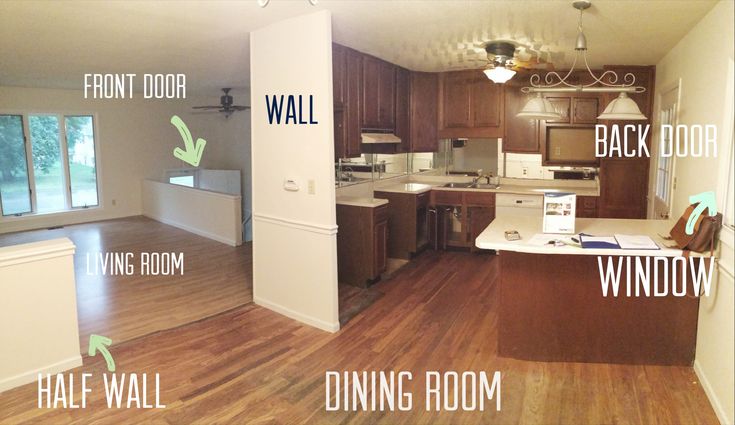 an empty kitchen and living room with wood flooring, windows, cabinets, and other things labeled in green arrows