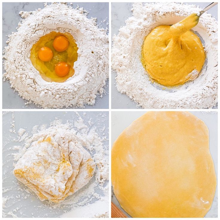 four pictures showing how to make bread dough with eggs in the middle and on top