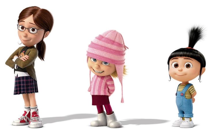 three cartoon characters standing next to each other in front of a white background, one wearing a pink hat