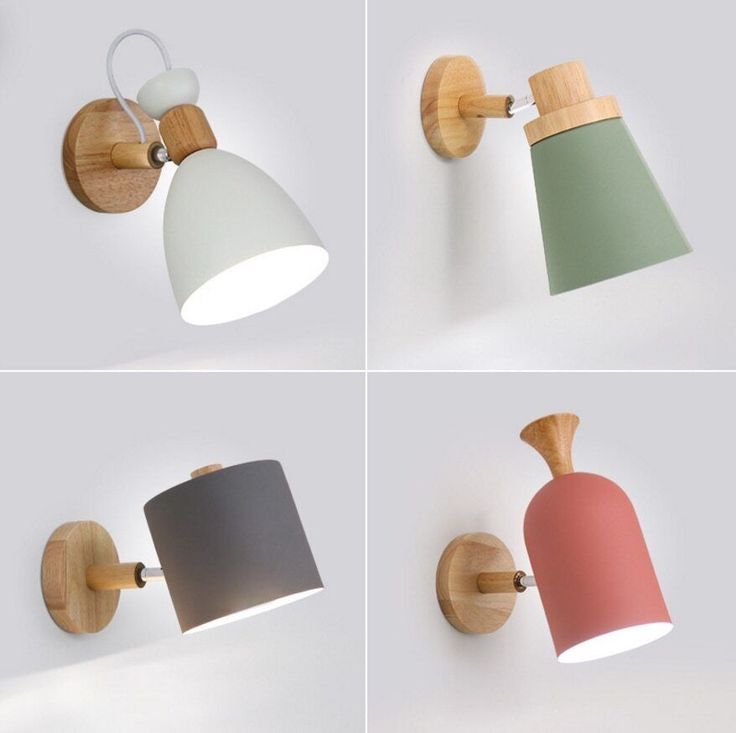 four different types of wall lights with wood and fabric shades on the lamps are shown