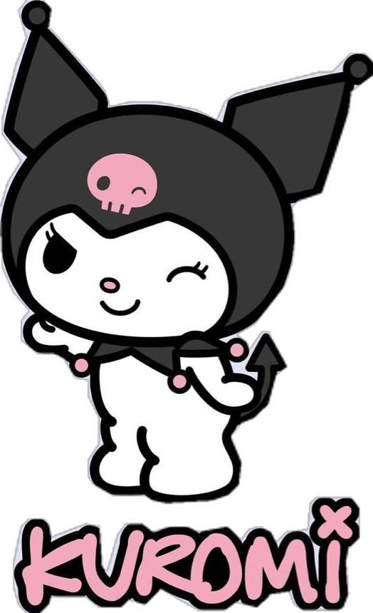 an image of a cartoon character with the word kuromi in pink and black