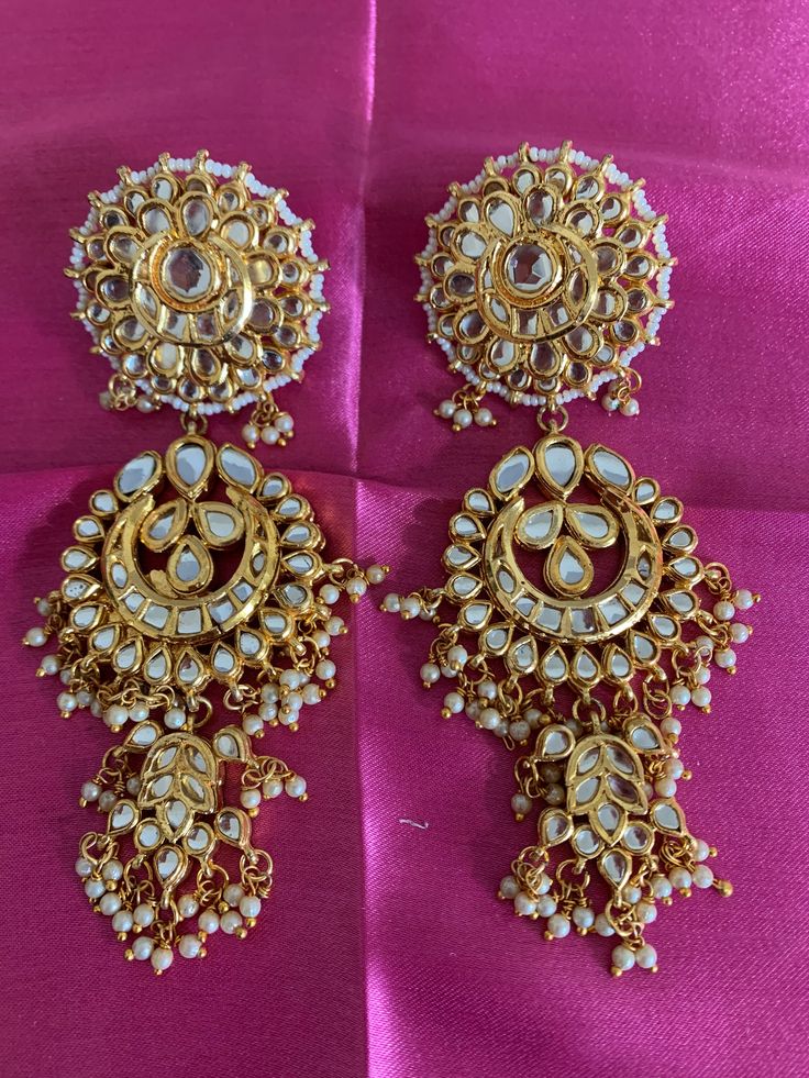 Kundan pearl dangler earrings Temple Jewelry Chandelier Earrings With Pearl Drop, Pearl Drop Chandbalis For Celebration, Kundan Pearl Drop Earrings, Gift Stone Work Pearl Drop Earrings, Pearl Chandbali Earrings With Latkans, Bollywood Style Round Pearl Drop Earrings, Gift Pearl Drop Earrings With Stone Work, Celebration Pearl Drop Chandbalis, Wedding Meenakari Pearl Earrings