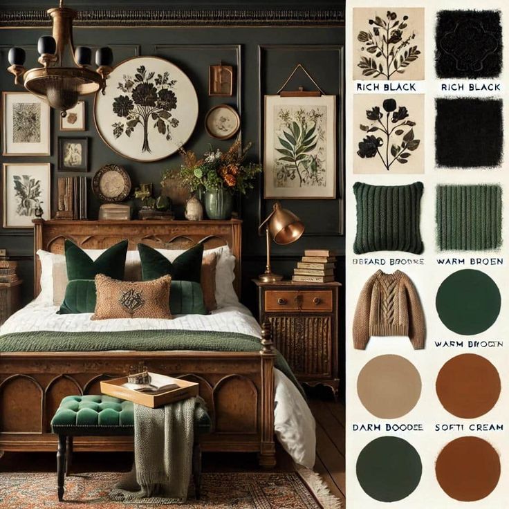 a bedroom with green and brown colors in the walls, furniture and pictures on the wall