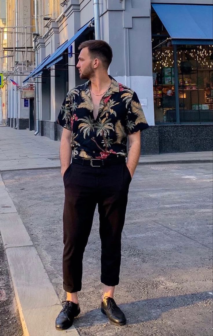 It’s outfit-idea for early summer day: Hawaiian shirt, black chinos and minimal Oxford shoes Chino Shoes, Black Chinos, Hawaiian Outfit, Summer Day, Outfit Idea, Summer Days, Hawaiian Shirt, Black Shoes, Oxford Shoes