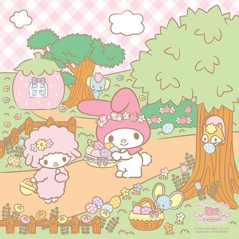 an image of hello kitty in the park with other animals and things to eat on the ground