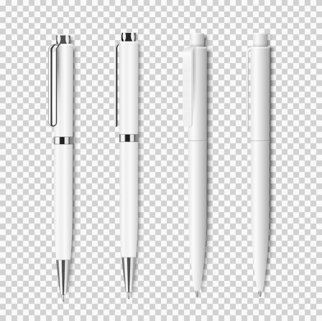 three white pens on a transparent background with clippings for writing and drawing,