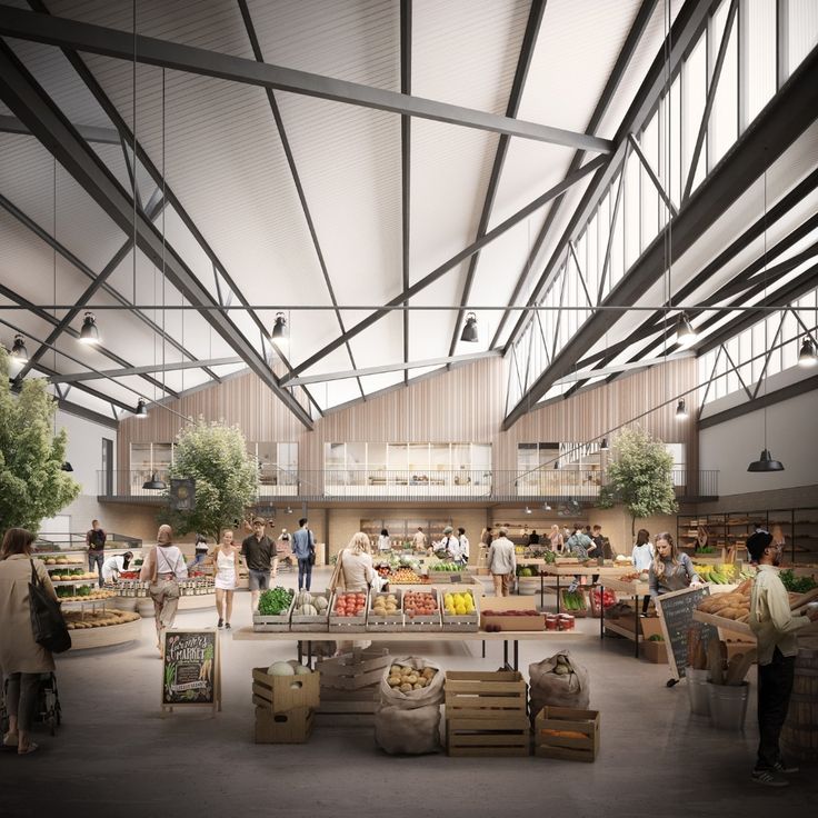 an artist's rendering of the inside of a grocery store with people shopping and eating