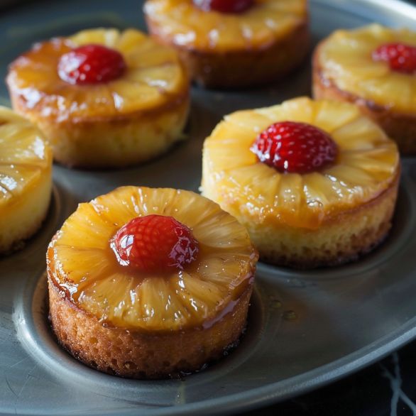 pineapple upside down cakes with raspberries in the middle on a metal tray