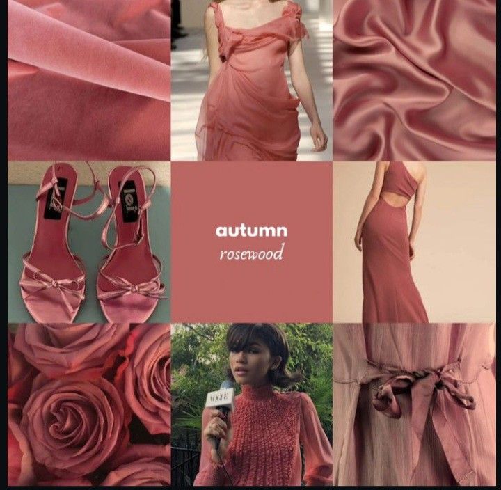 a collage of photos with pink and red colors, including the top part of a woman's dress