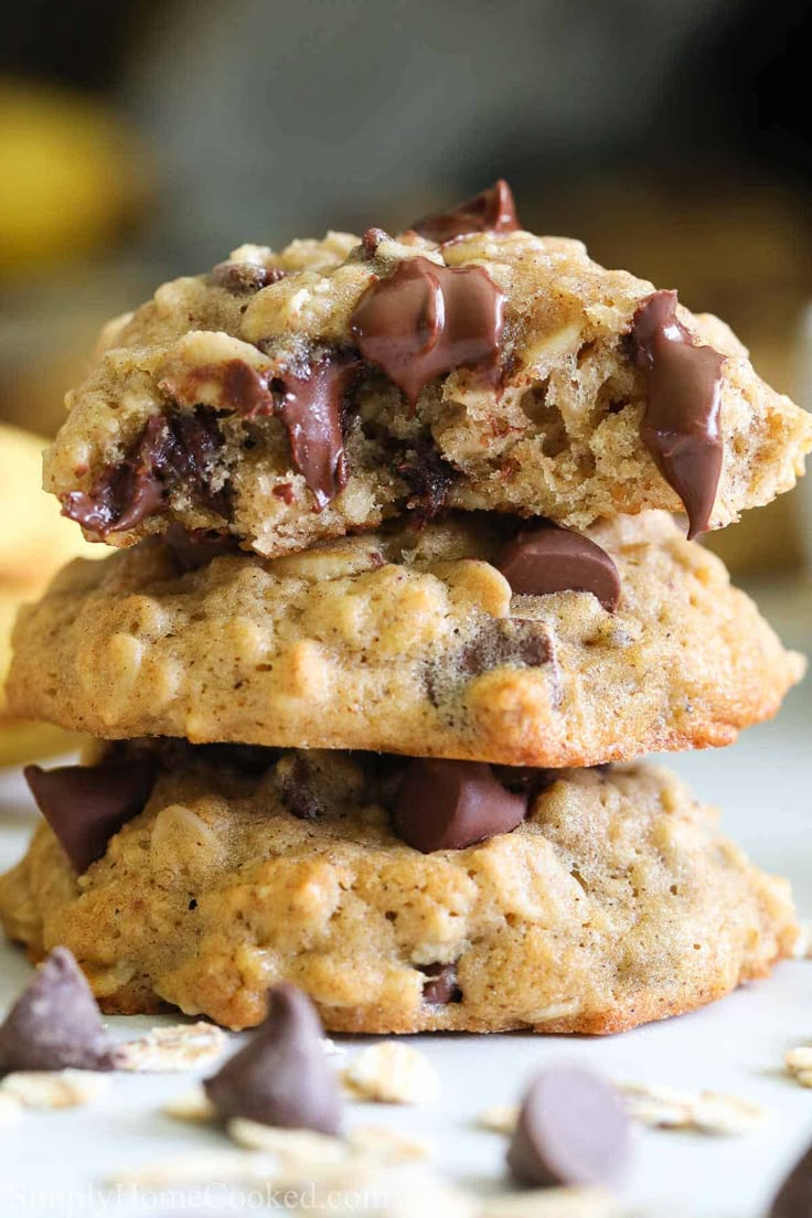 chocolate chip cookies stacked on top of each other