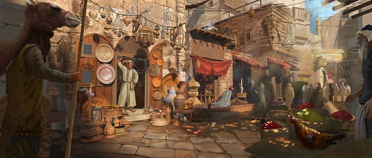 an artistic painting of a street scene with people and animals in the alleyway, looking for items to sell