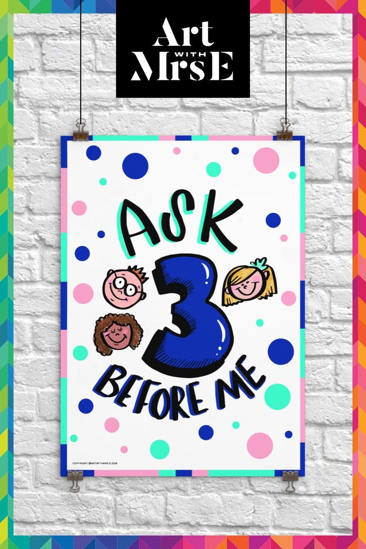 a poster hanging on a brick wall that says ask 3 before me with children's faces