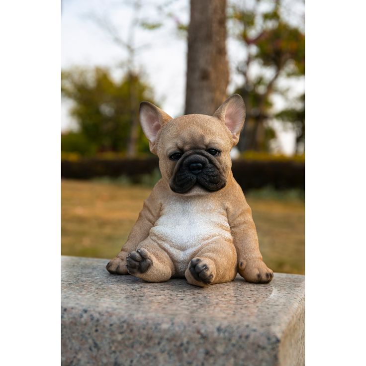 a small brown and white dog sitting on top of a cement slab next to a tree