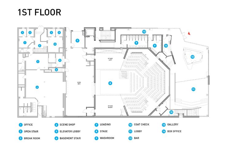 the floor plan for an auditorium with blue dots on it and instructions to install them