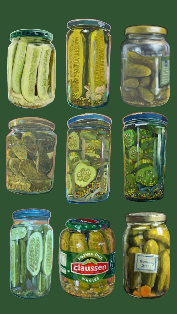 several jars filled with pickles and cucumbers next to each other on a green background