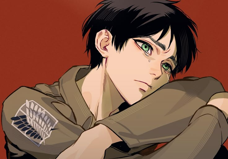 an anime character with black hair and green eyes, leaning his head on his hands