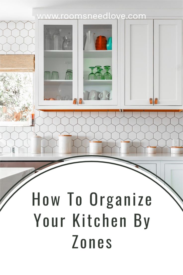 white cabinets in a kitchen with text overlay that reads how to organize your kitchen by zones