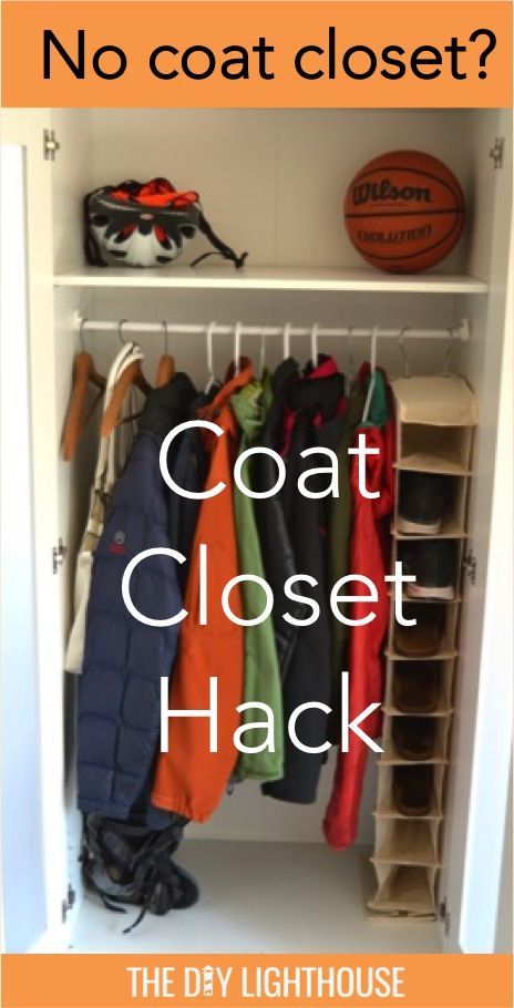 an open closet with coats and shoes hanging on the rack, text reads no coat closet hack