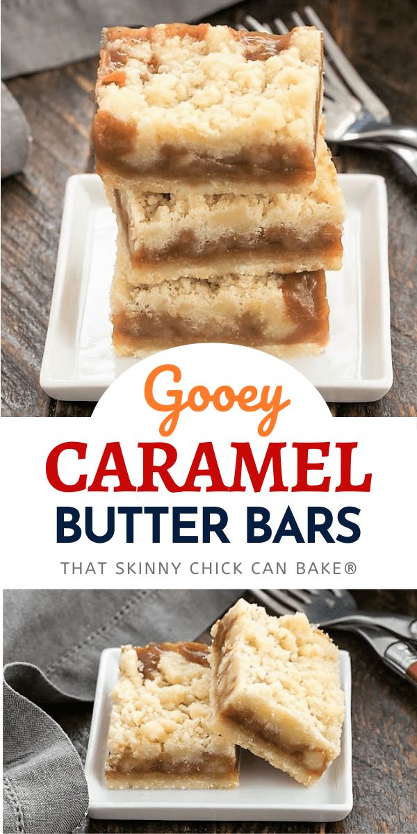 gooey caramel butter bars stacked on top of each other with text overlay