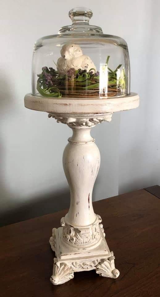 there is a glass dome with plants in it on top of a wooden table next to a wall