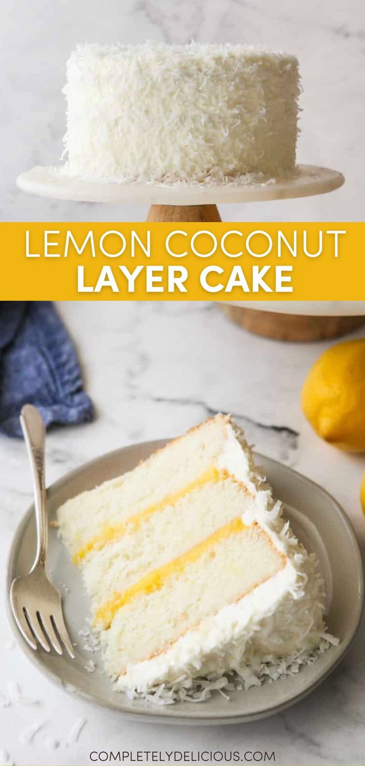 lemon coconut layer cake on a plate with a fork and lemons in the background