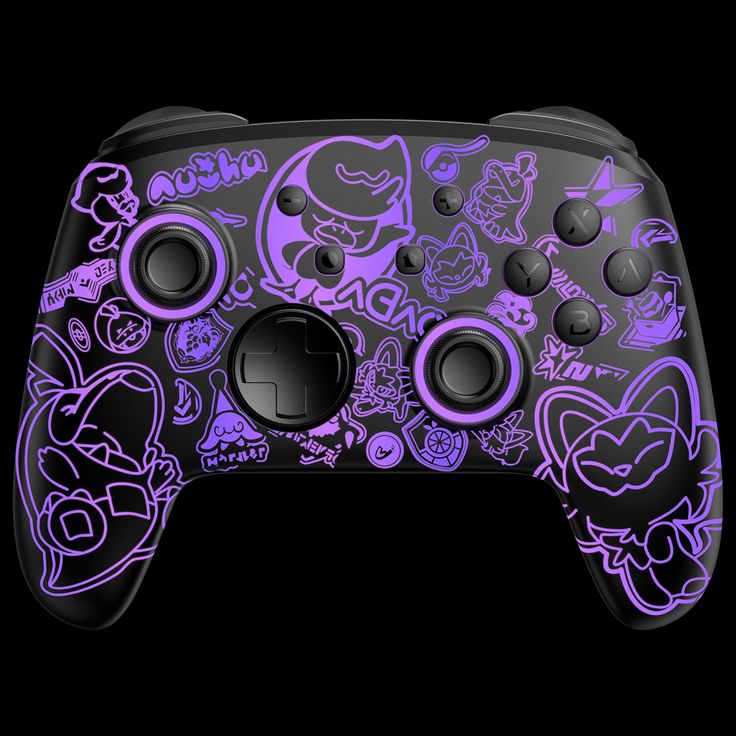 an image of a game controller with cartoon characters on the front and back buttons in purple