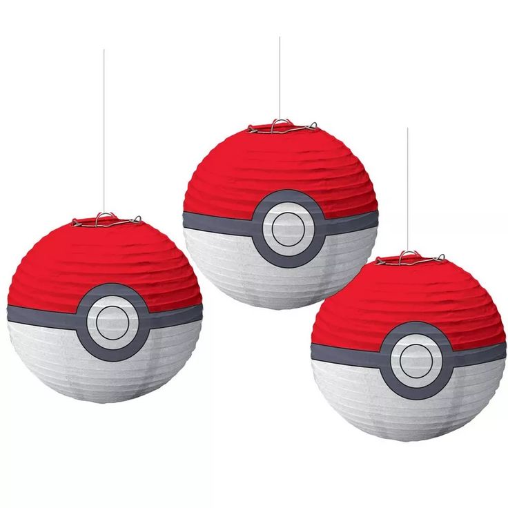 three red and white paper lanterns with pokeballs on them