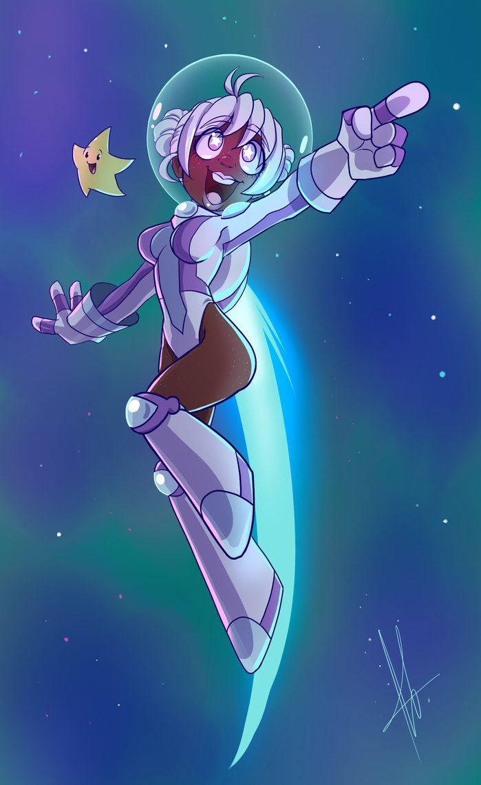 a cartoon character flying through the air with an object in his hand and wearing a space suit