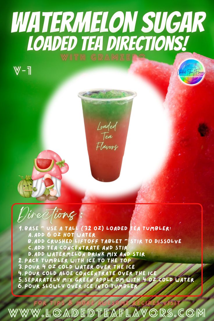 a flyer for watermelon sugar loaded tea directions with an image of two slices of watermelon