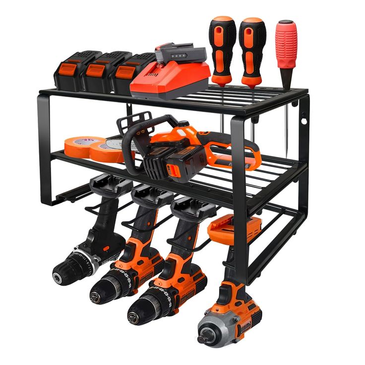 a black shelf with orange and black tools on it