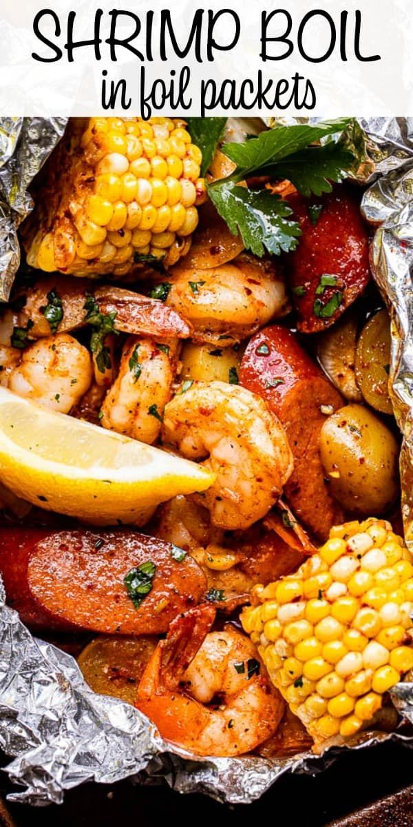 grilled shrimp and corn on the cob in foil packets with text overlay