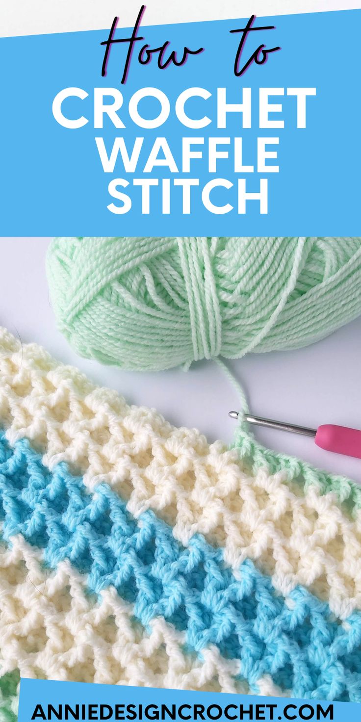 the crochet waffle stitch pattern is shown with yarn and scissors on top