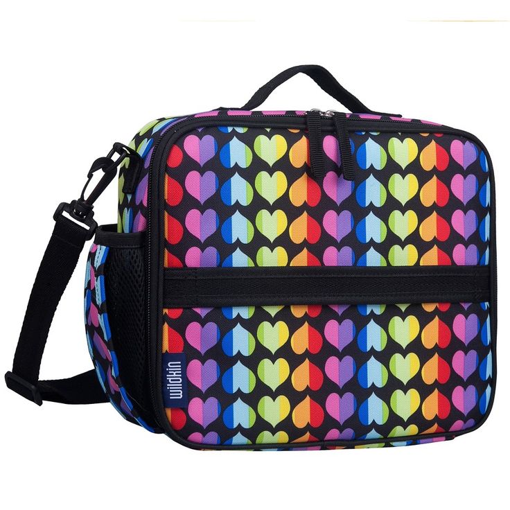 a multicolored lunch bag with hearts on the front and side zippers is shown