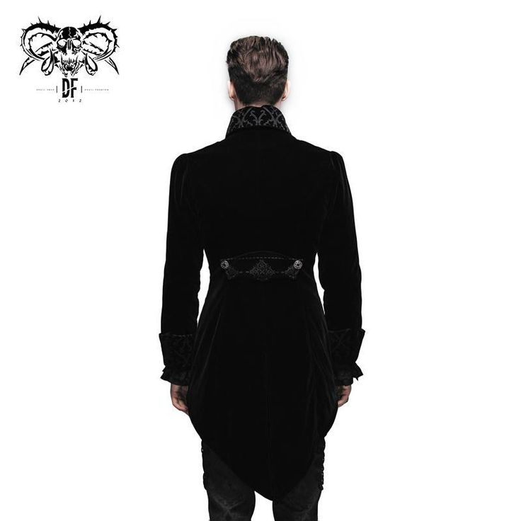 Western Fashion Gothic Embroidered Collar Black Men Velveteen Tuxedo Medieval Style Outerwear For Halloween, Fitted Gothic Halloween Outerwear, Black Steampunk Costume Outerwear, Gothic Black Outerwear For Halloween, Gothic Black Halloween Outerwear, Black Gothic Outerwear For Halloween, Gothic Black Outerwear For Larp, Black Outerwear For Larp Halloween, Gothic Outerwear For Halloween Fantasy Events