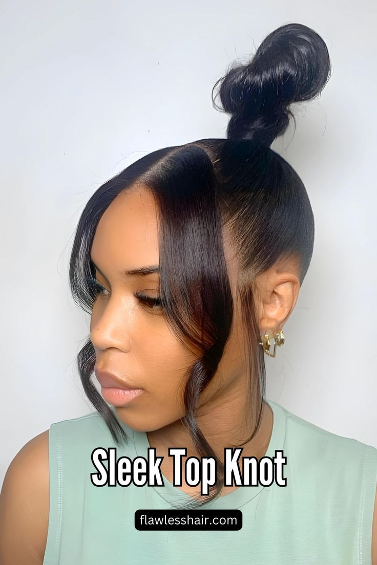 Sleek Top Knot Top Knot Ponytail Black Women, Top Knot Bun With Weave, Top Knot Bun Black Women, Sleek Top Knot Bun, Messy Bun Quick, Top Knot With Bangs, Sleek Top Knot, Top Knot Hairstyle, Selfcare Goals