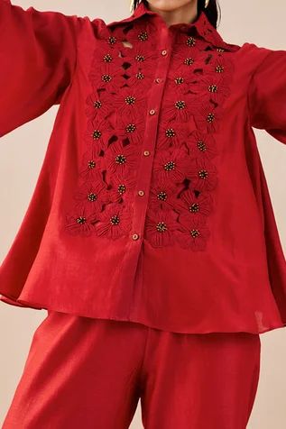 Shop for Chandrima Red Chanderi Floral Pattern Bell Sleeve Shirt for Women Online at Aza Fashions Floral Cutwork, Bell Sleeve Shirt, Buttoned Shirt, Luxury Sale, Collar Neck, Belted Pants, Shirt For Women, Cut Work, Neck Pattern