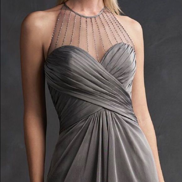 Delicately Beaded High Neck, Hook And Eye Around The Neck. Back Center Invisible Zipper. Gathered Bust. Front Skirt Gathers. Bust 37.5 Waist 29.5 Hips 36.5 Sleeveless Silver Evening Dress For Banquet, Silver Sleeveless Evening Dress For Banquet, Elegant Gray Evening Dresses, Elegant Gray Gown For Banquet, Silver Embellished Dress For Mother Of The Bride, Silver Embellished Mother Of The Bride Dress For Party, Silver Sleeveless Evening Dress, Silver Dress With Sweep Train For Banquet, Silver Evening Dress With Sweep Train For Gala