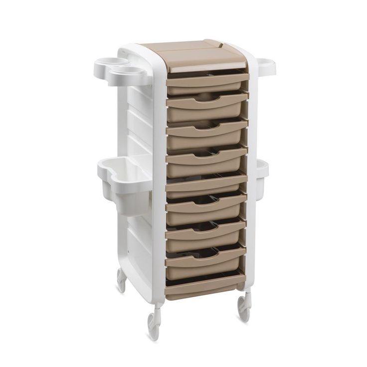 a white and brown medical cart with many drawers on it's sides, against a white background