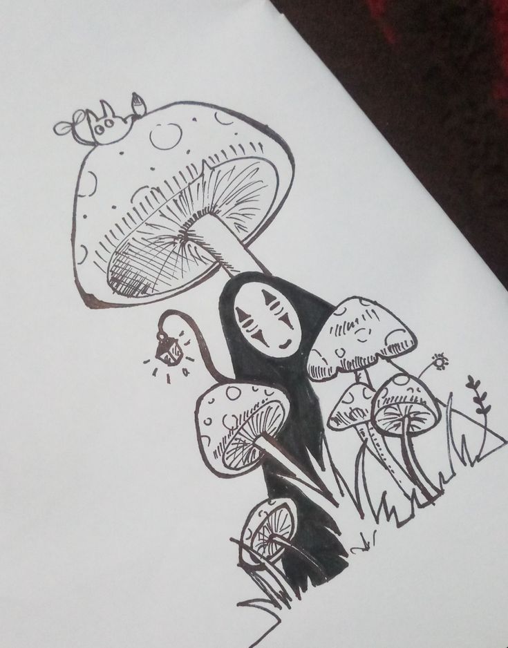 a drawing of a person with a mushroom on their head and another figure in the background