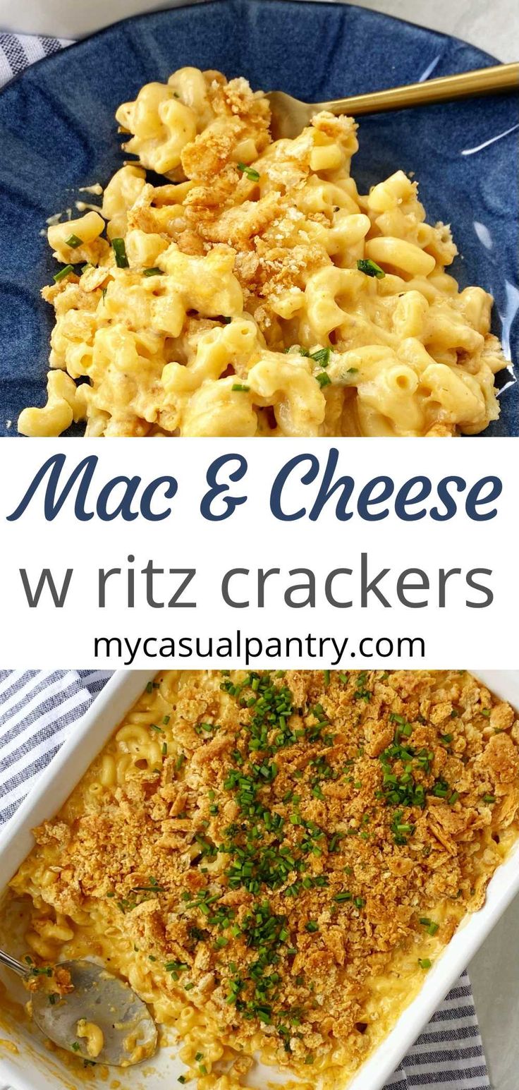 mac and cheese with crackers in a blue dish